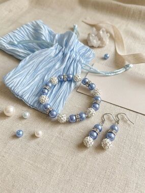 Blue Pearl & Rhinestone Pave Ball Bracelet & Earrings Jewelry Set